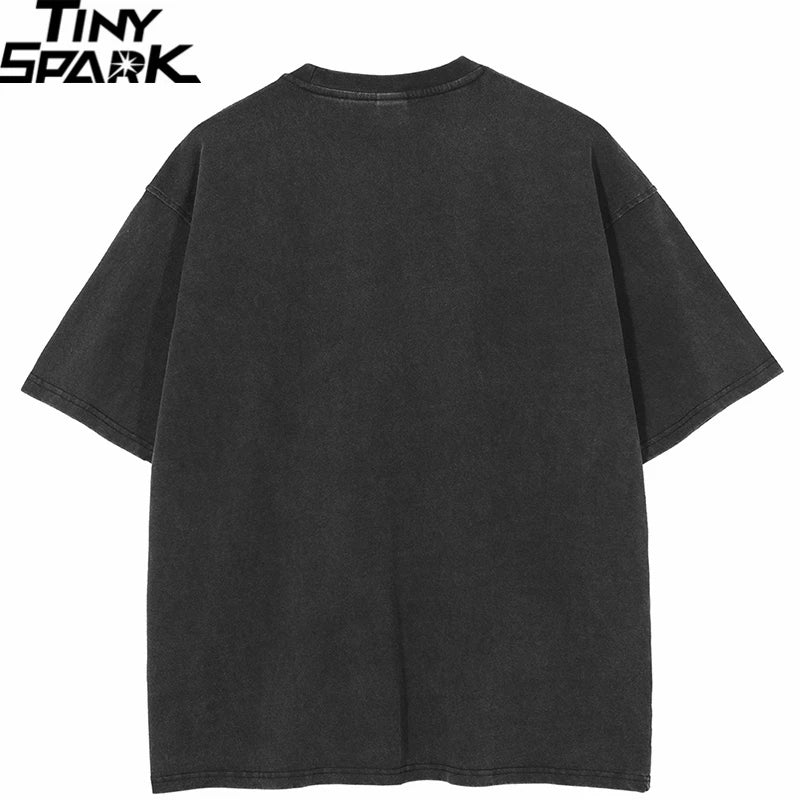 Men's Vintage Washed Black T-Shirt with Harajuku Red Face Graphic - Hipster Streetwear Tee for Spring and Summer