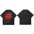 Men's Vintage Washed Black T-Shirt with Harajuku Red Face Graphic - Hipster Streetwear Tee for Spring and Summer