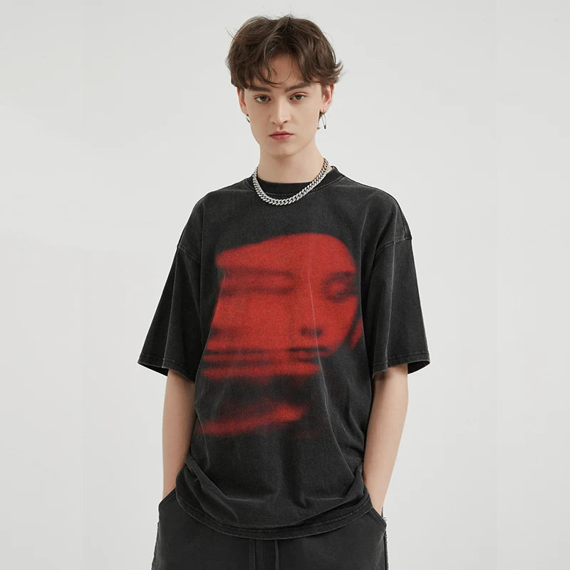 Men's Vintage Washed Black T-Shirt with Harajuku Red Face Graphic - Hipster Streetwear Tee for Spring and Summer