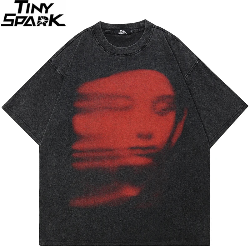 Men's Vintage Washed Black T-Shirt with Harajuku Red Face Graphic - Hipster Streetwear Tee for Spring and Summer